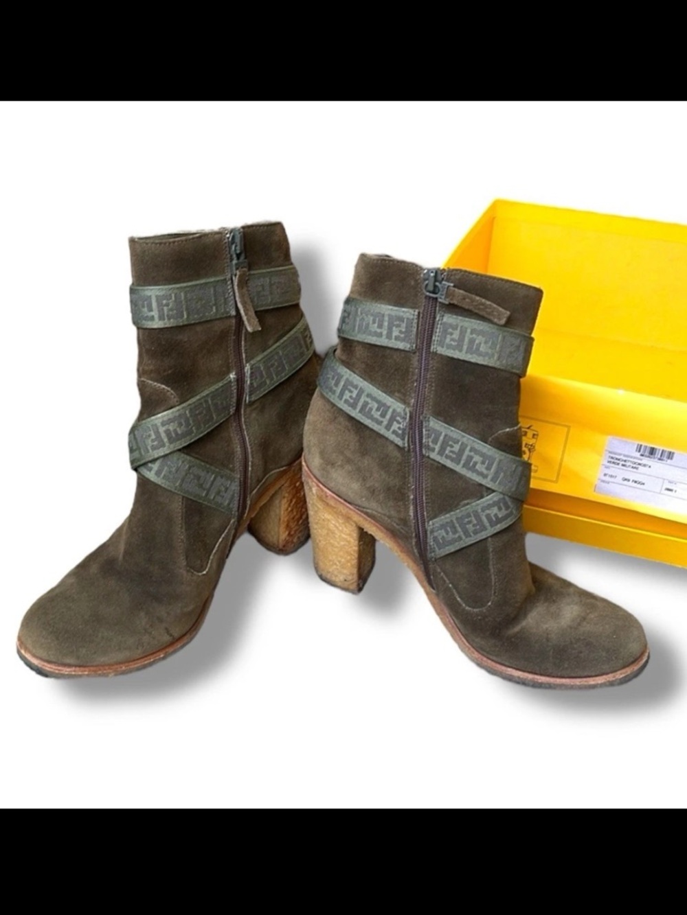 Fendi Women’s Suede Military Green Tronchetto Chunky Heel Boots, Size 8 (38 EU)